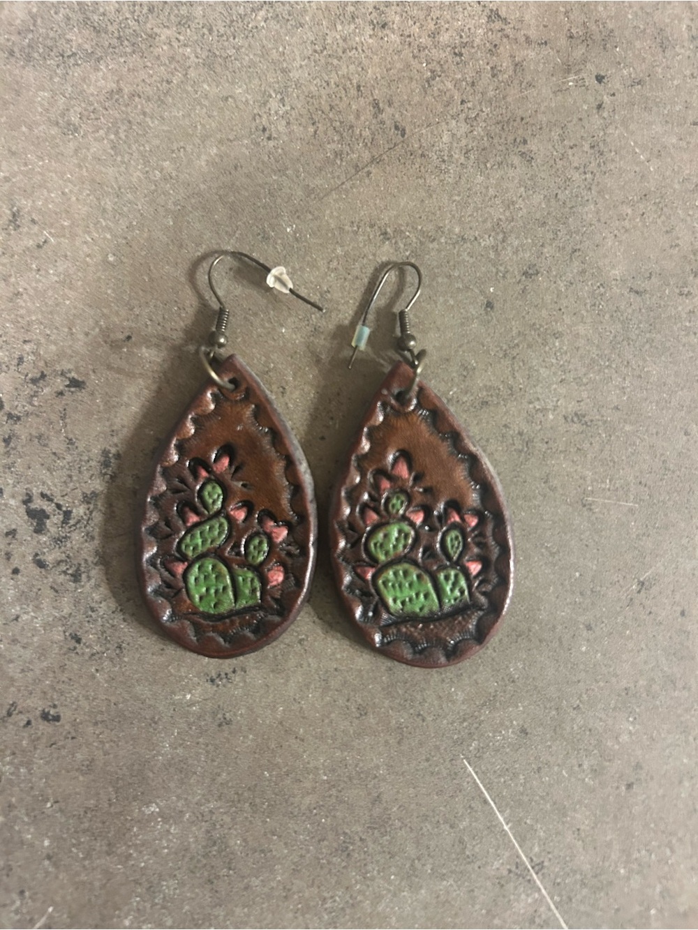 Hand-Tooled Brown Leather Teardrop Earrings with Green Cactus Detail